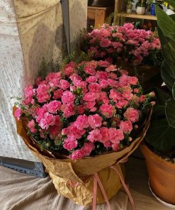 Bó hoa cẩm chướng màu hồng tươi thắm, dày đặc, được gói trong giấy nâu tại STflowers, Quận 7